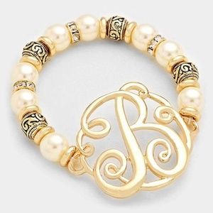 B MONOGRAM CHARM PEARL & FILIGREE STRETCH BRACELET